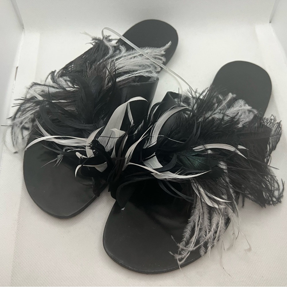 GIA COUTURE Women’s Black Leather Feathers Sandals Slippers SZ 38 New Authentic